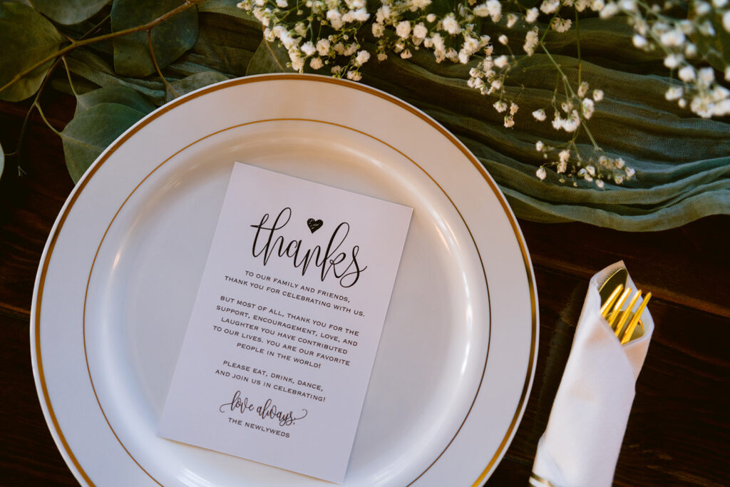 menu on a plate at bella cosa wedding reception